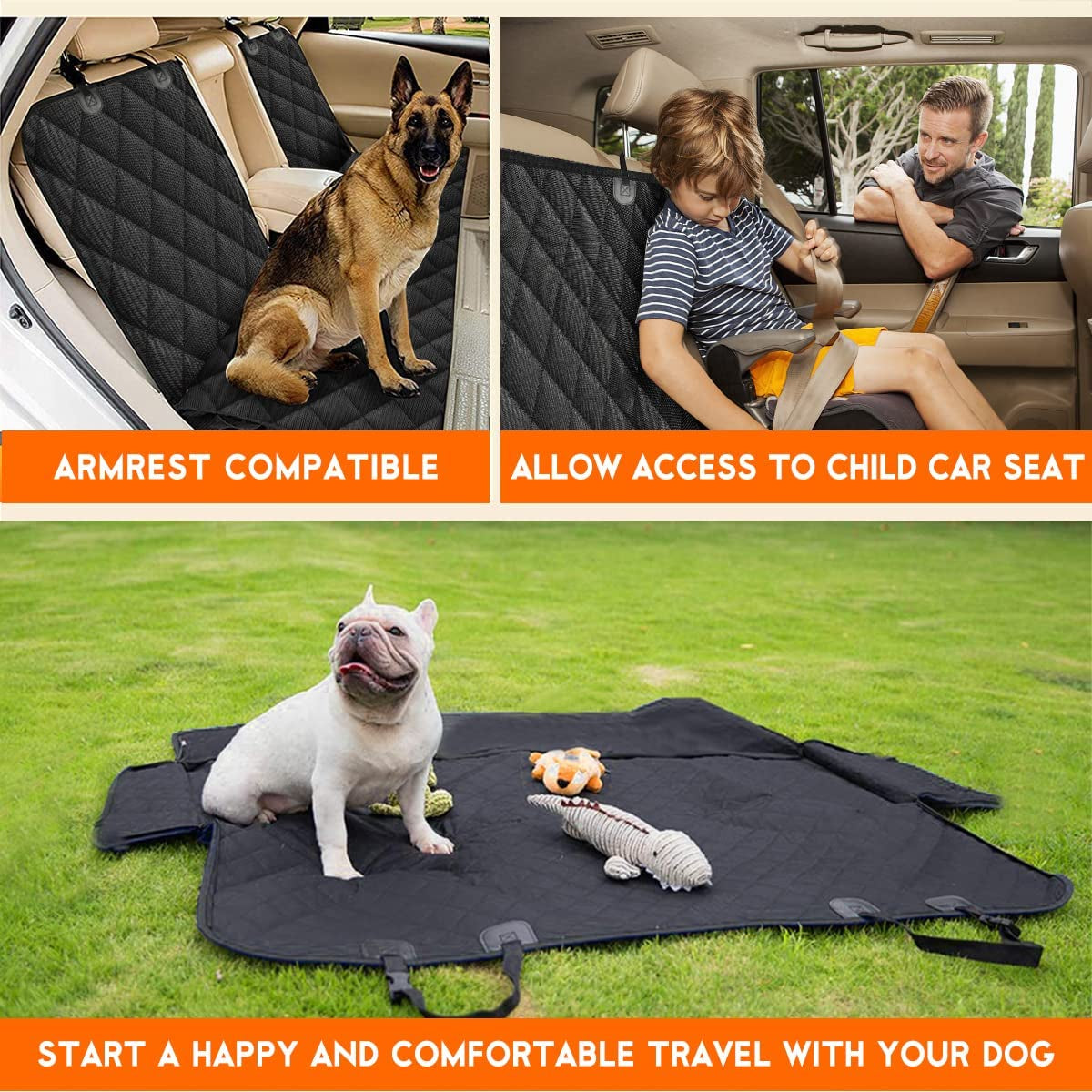 Dog Car Seat Cover, Dog Seat Cover for Back Seat Car Seat Protector for Dogs Pets Waterproof Pet Seat Cover with 2 Dog Seat Belts, Non-Slip Bench Seat Covers Armrest for Cars Trucks Suvs